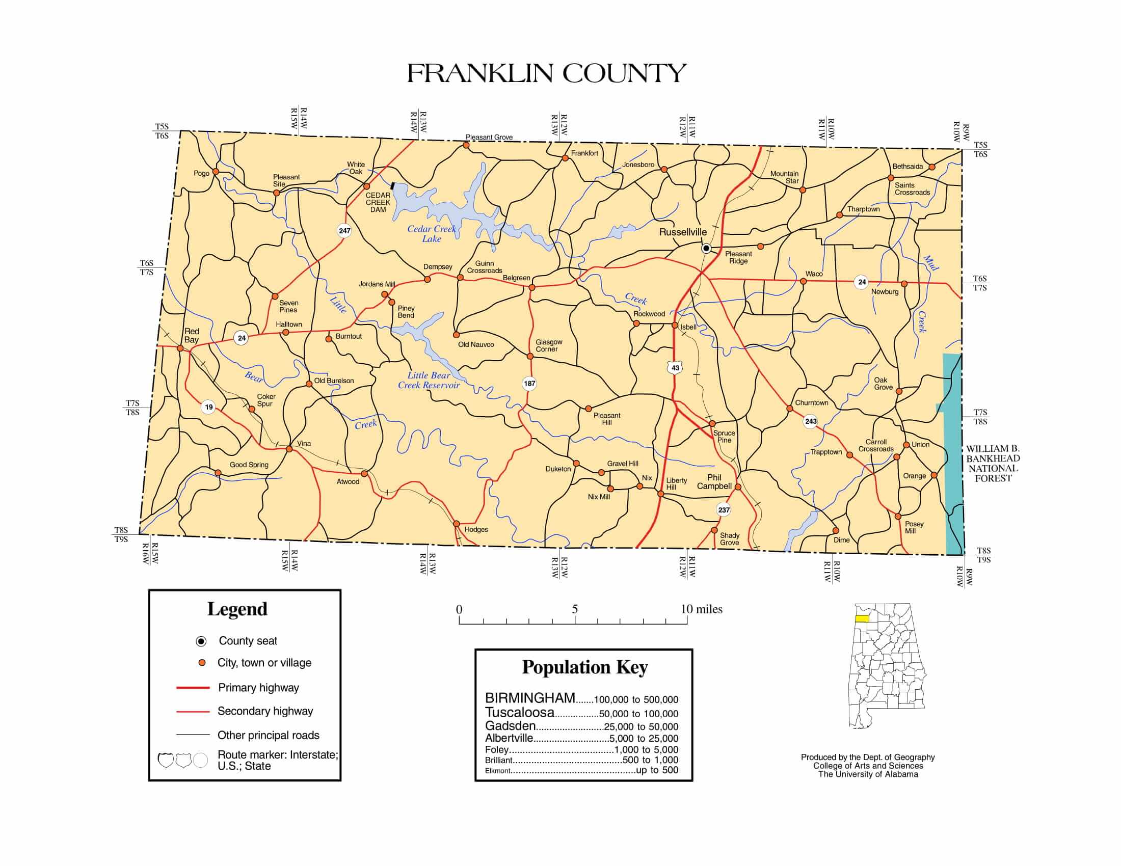 Franklin County Map |  Printable Gis Rivers map of Franklin Alabama