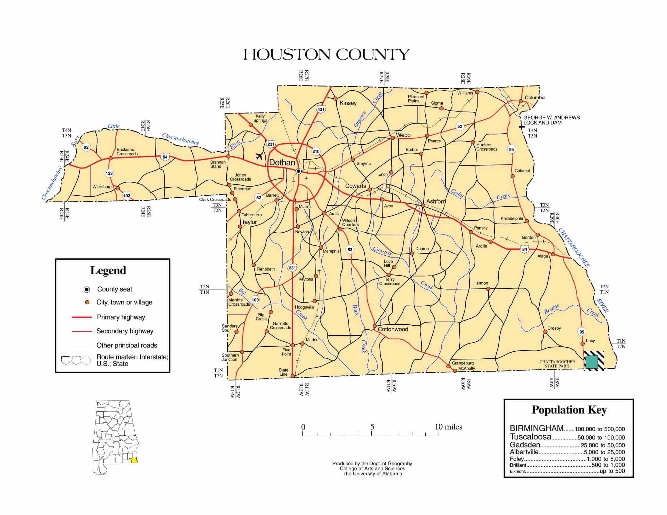 Houston County Map |  Printable Gis Rivers map of Houston Alabama