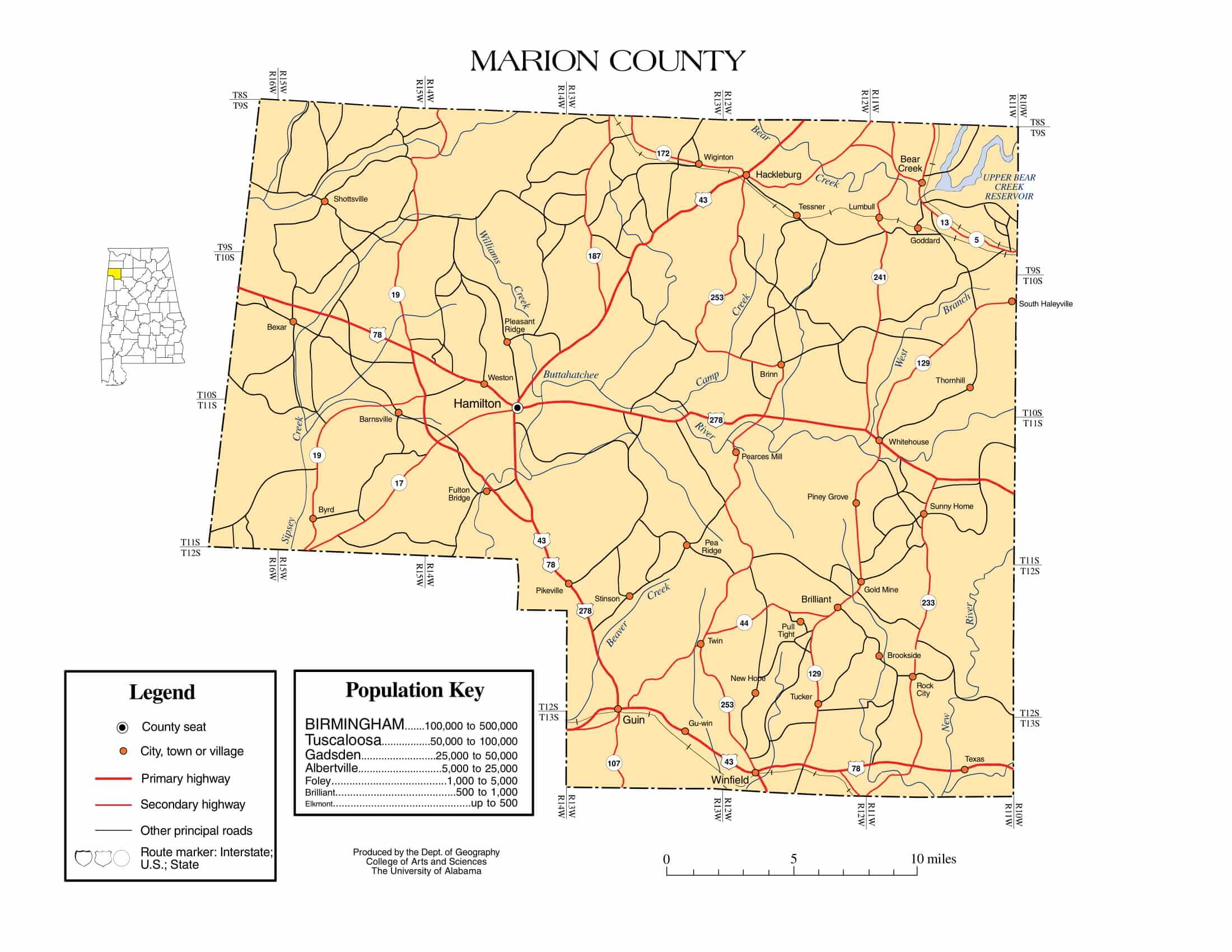 Marion County Map |  Printable Gis Rivers map of Marion Alabama