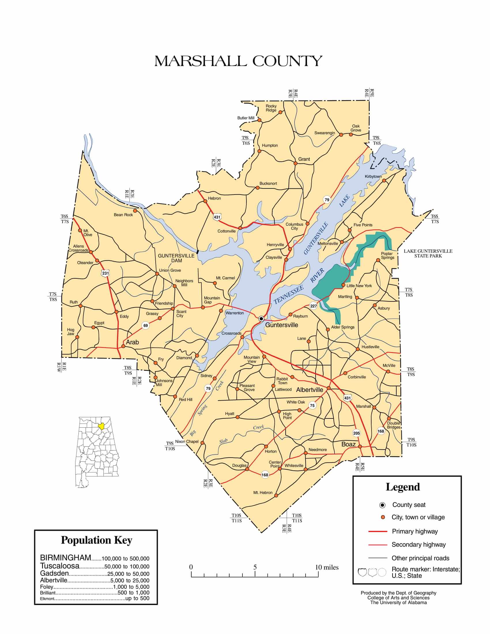 Marshall County Map |  Printable Gis Rivers map of Marshall Alabama
