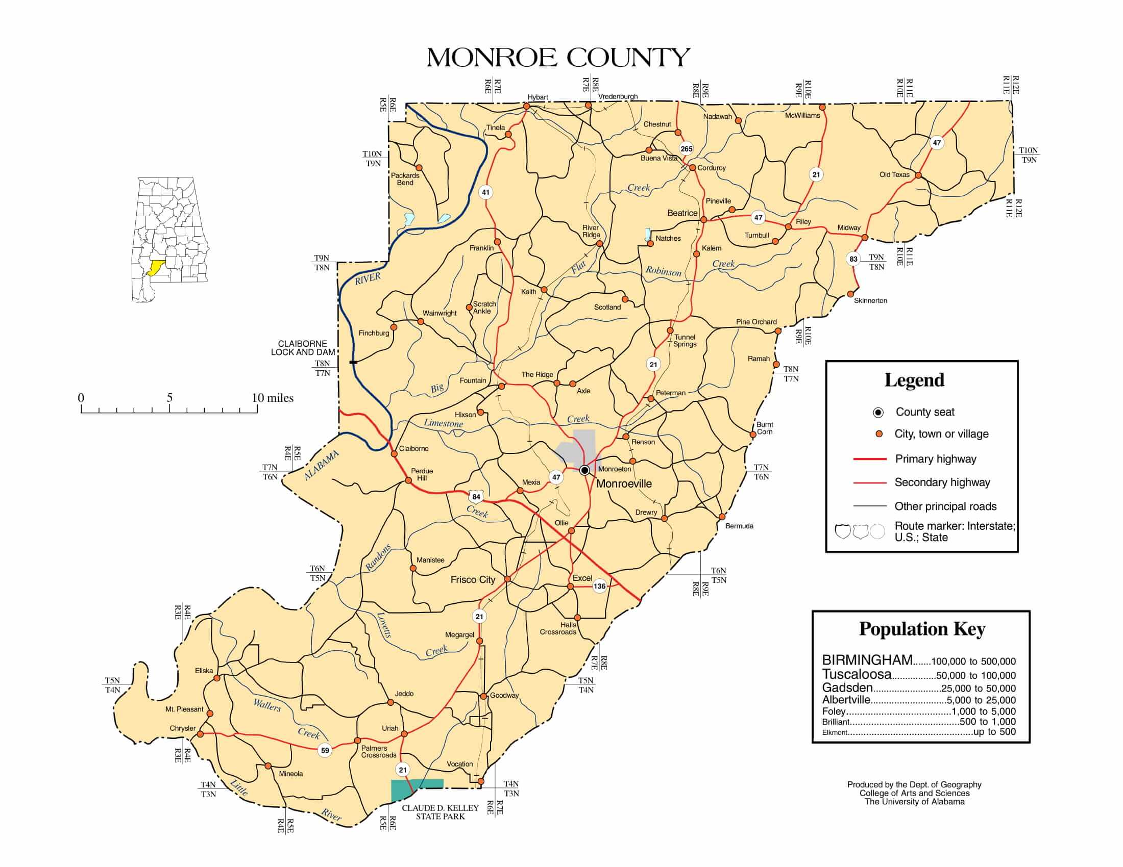 Monroe County Map |  Printable Gis Rivers map of Monroe Alabama