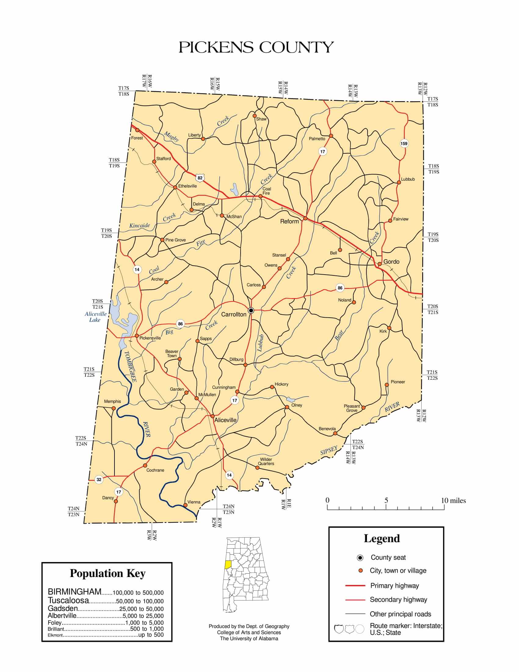 Pickens County Map |  Printable Gis Rivers map of Pickens Alabama