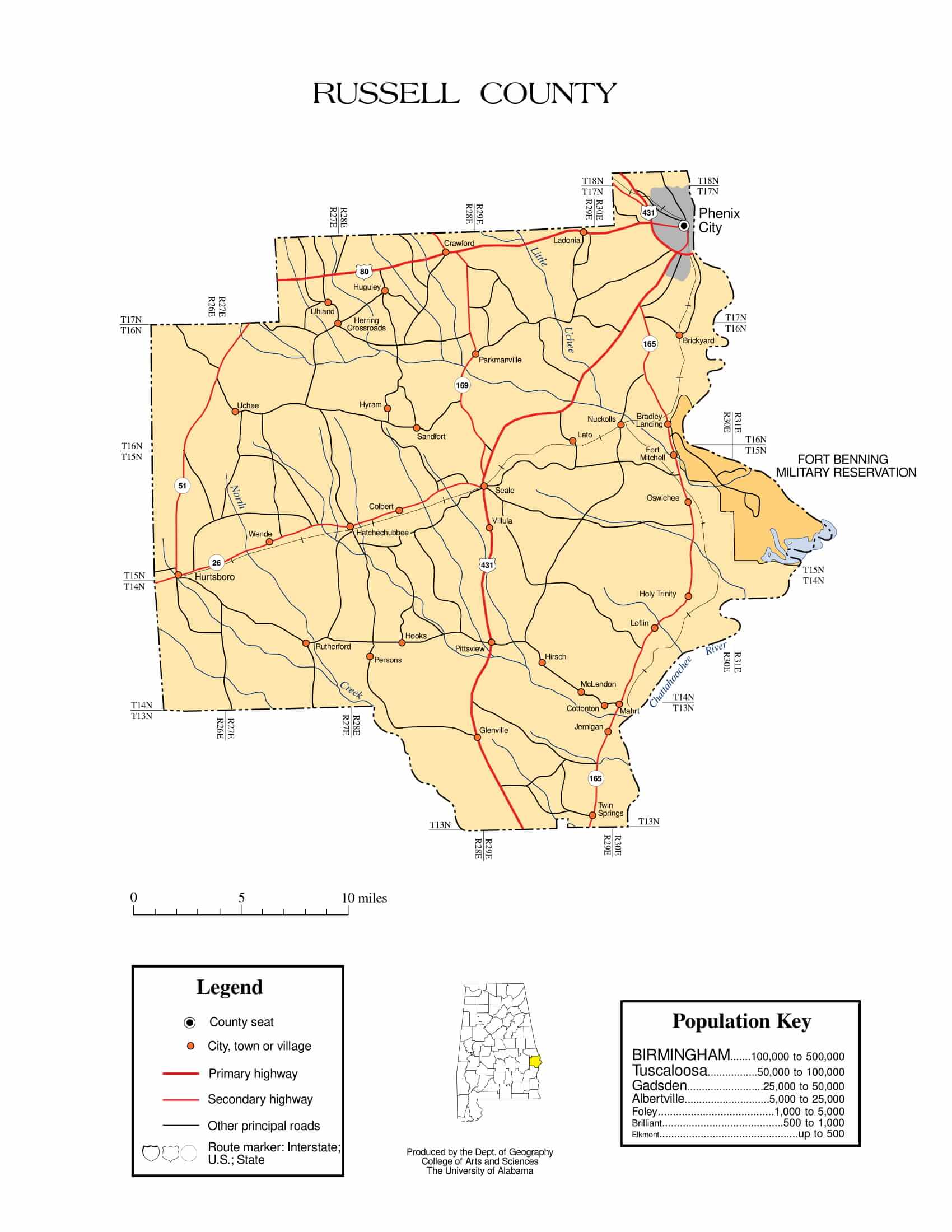 Russell County Map |  Printable Gis Rivers map of Russell Alabama