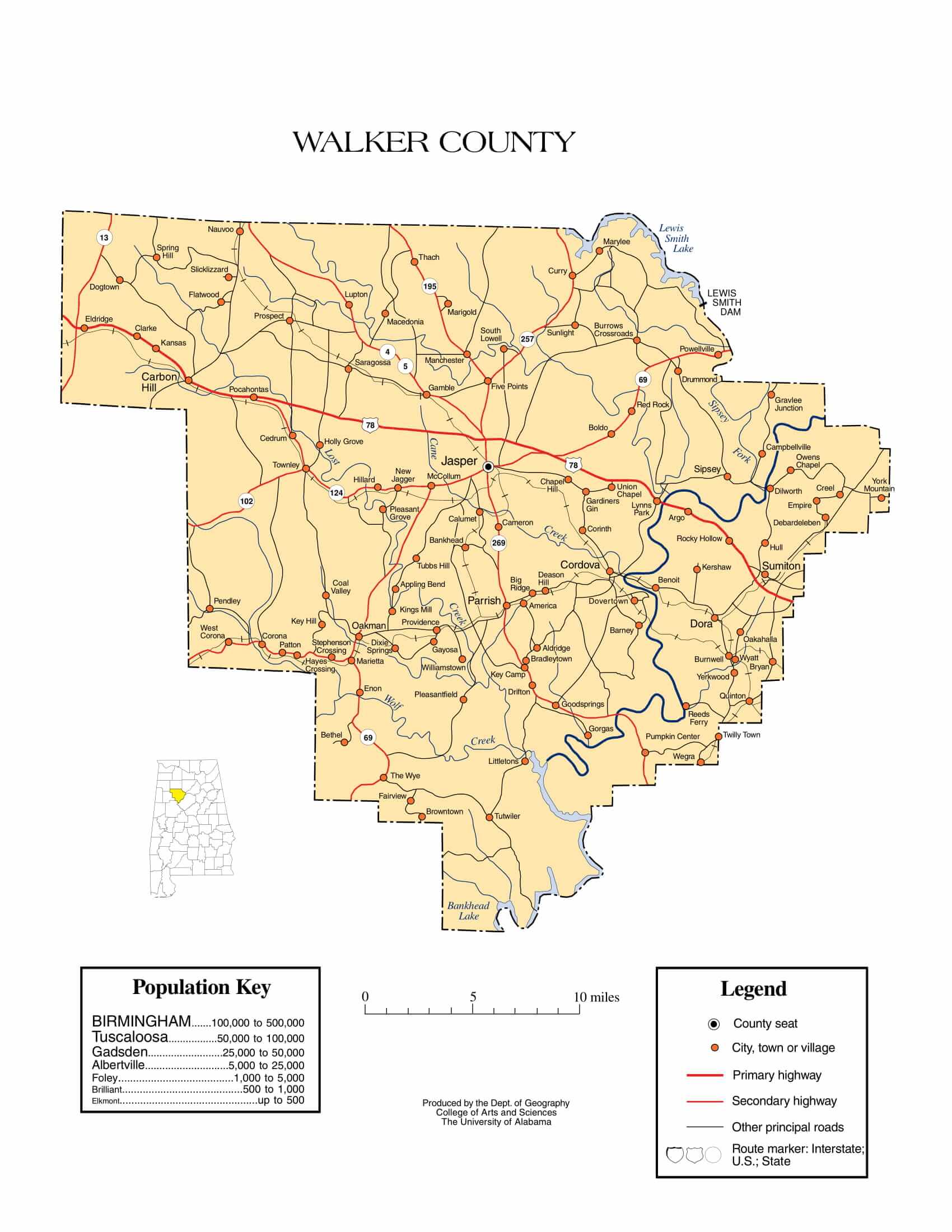 Walker County Map |  Printable Gis Rivers map of Walker Alabama