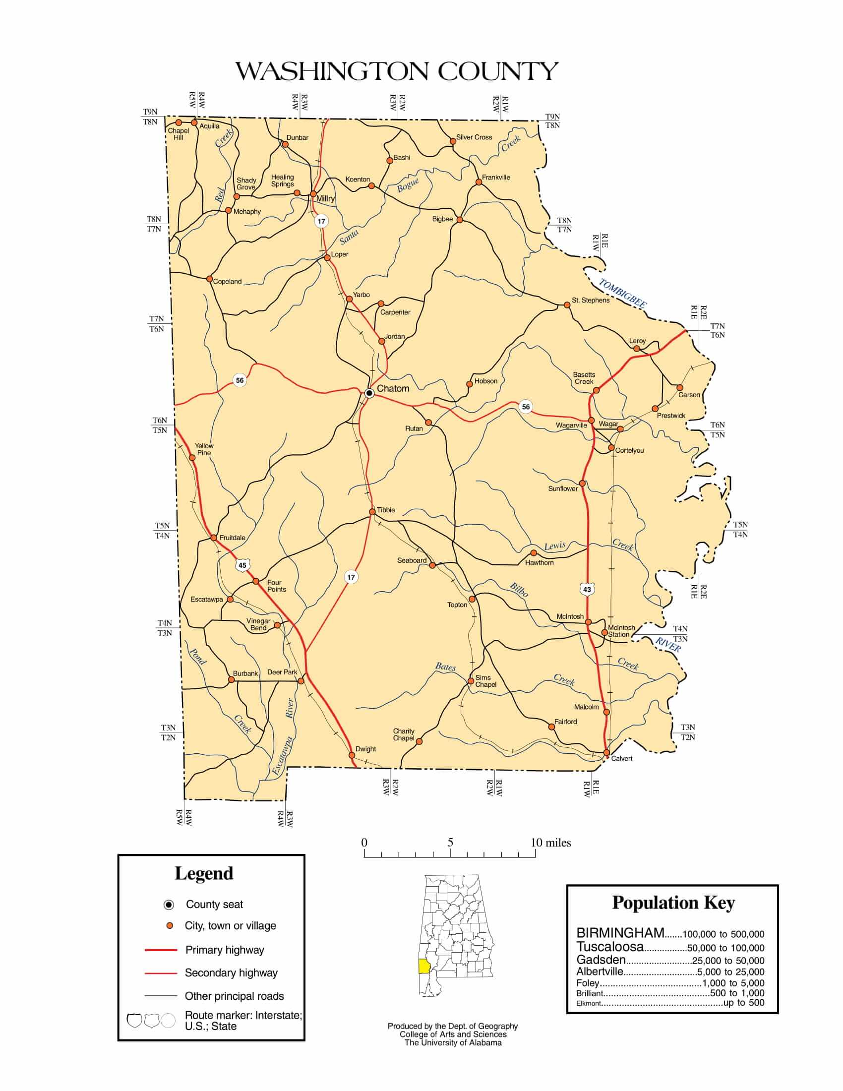 Washington County Map |  Printable Gis Rivers map of Washington Alabama