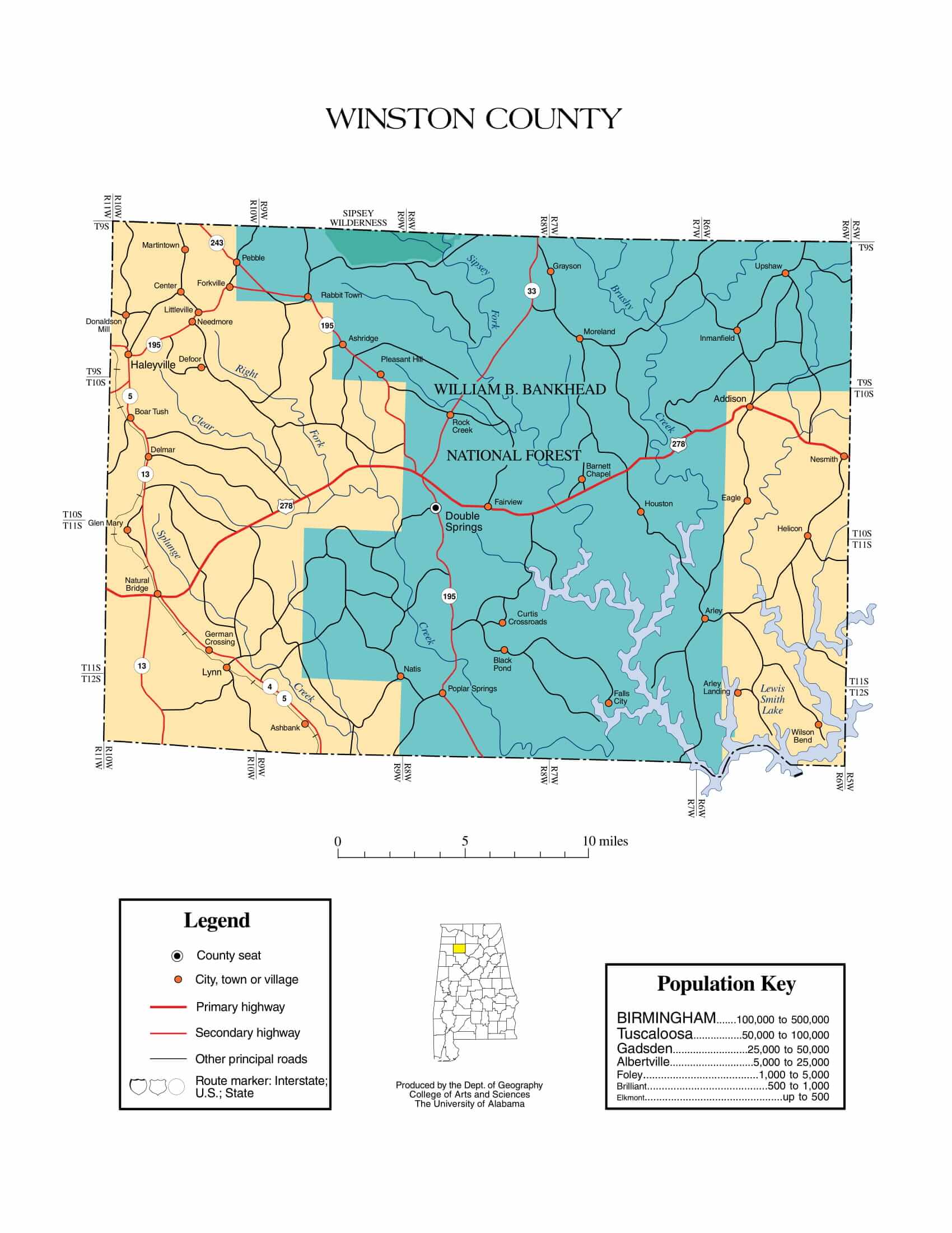 Winston County Map |  Printable Gis Rivers map of Winston Alabama