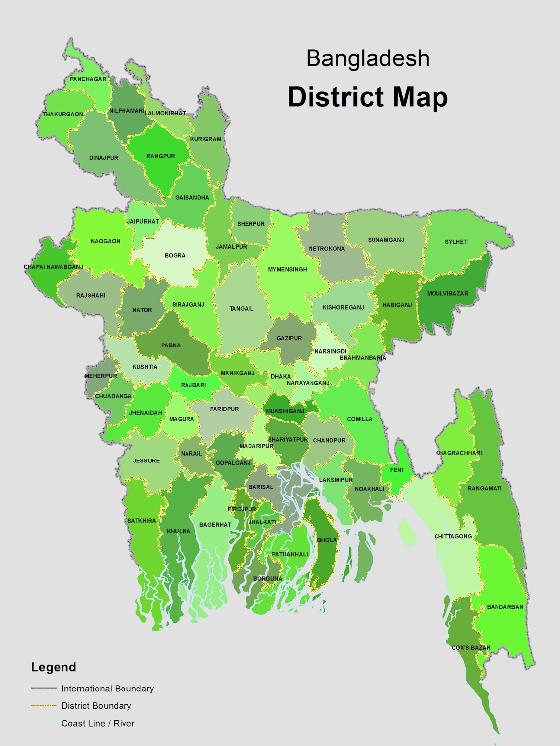 The divisions of Bangladesh are divided into 64 districts or zila. The capital of a district is called a district seat (zila sadar). The districts are further subdivided into 493 sub-districts or upazila.